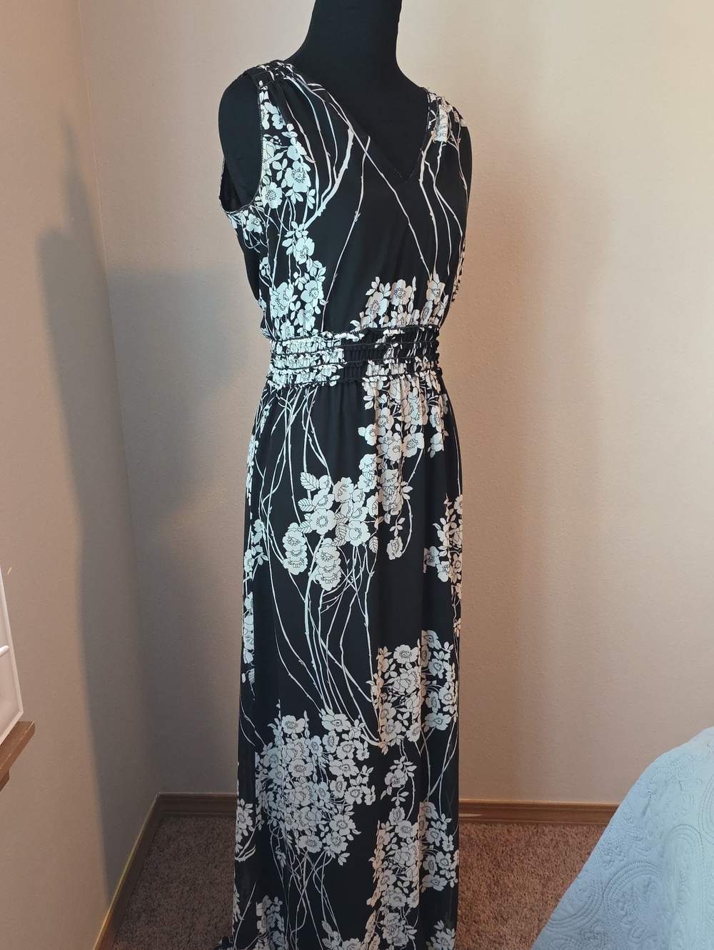 Black and White Floral Smocked Waist Maxi Dress